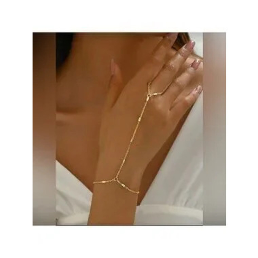Gold Tone Hand Chain Bracelet Ring Adjustable Link Boho Statement Jewelry
